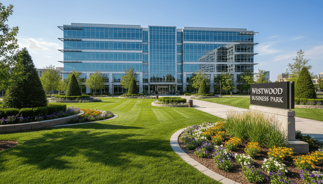 Manicured commercial property with landscaped beds in front of a modern office building