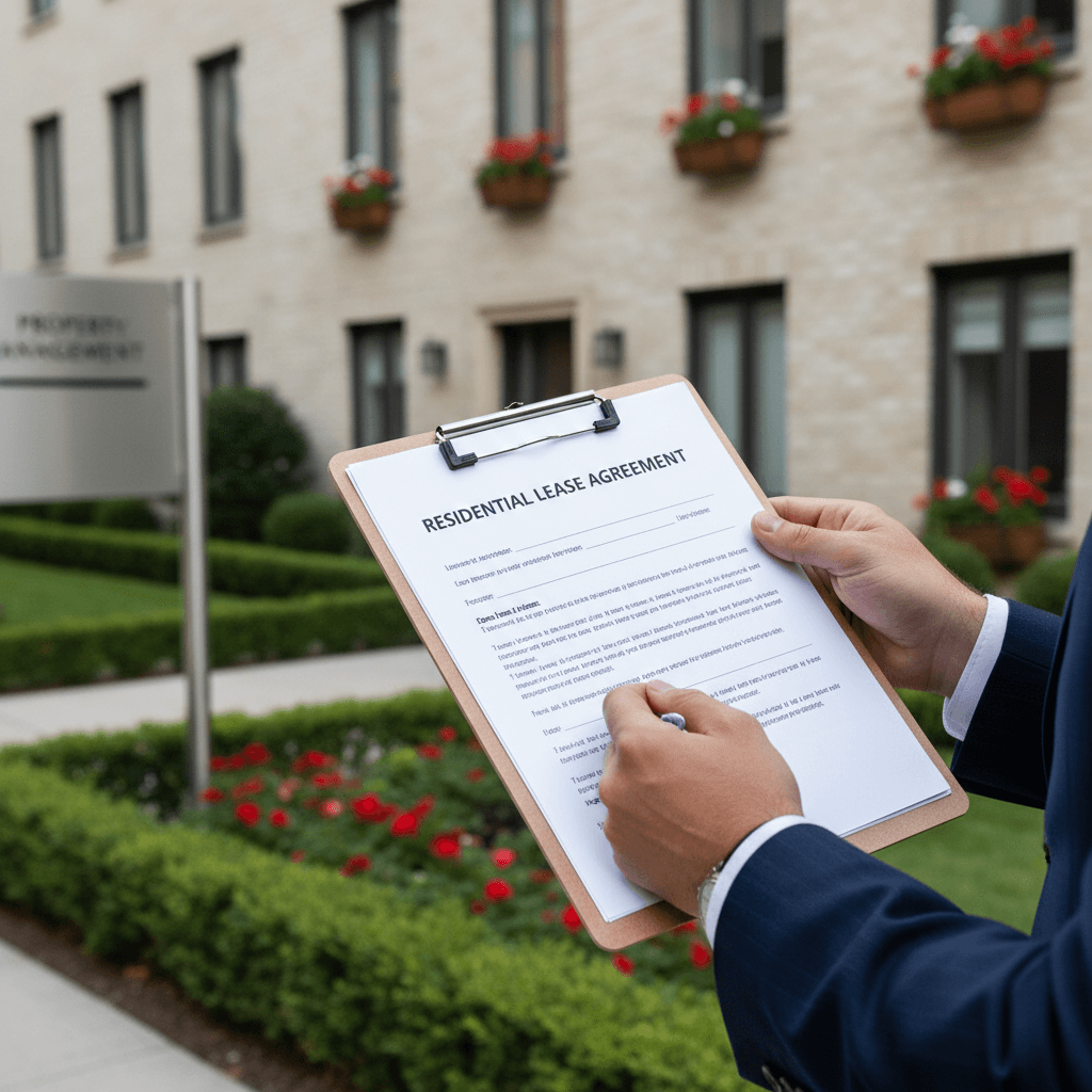 Landscaping supervisor reviewing a clipboard with a commercial property manager