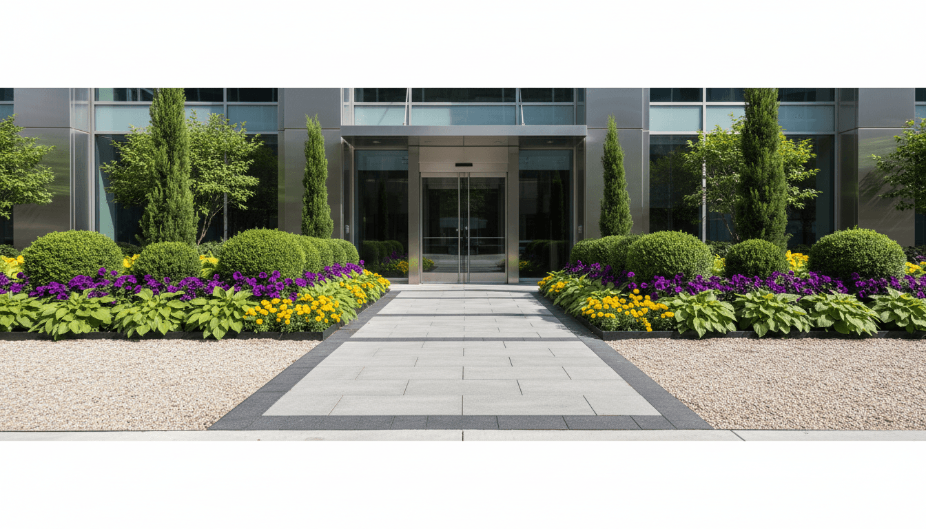 Well-maintained hedges and lawn around a modern commercial facility in North Texas