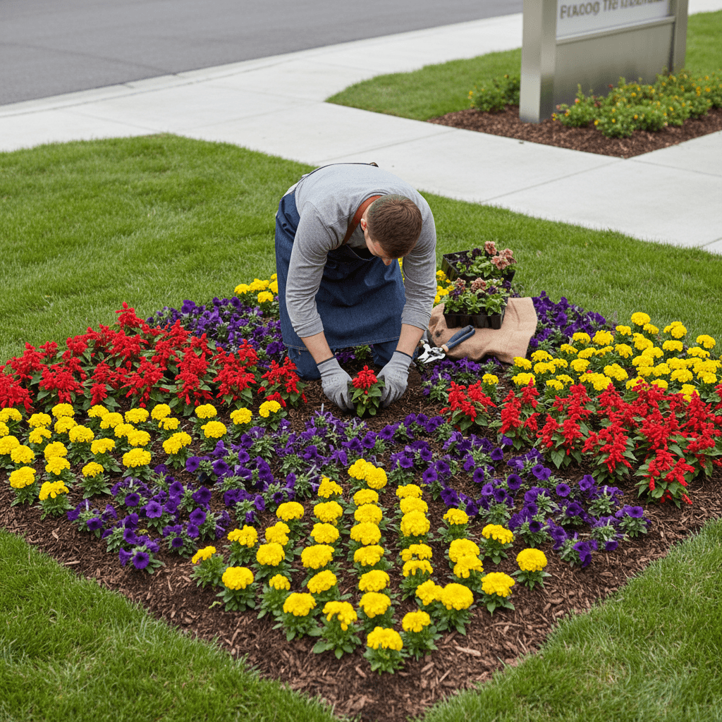 Freshly mulched flower beds with vibrant seasonal color outside a Dallas retail center