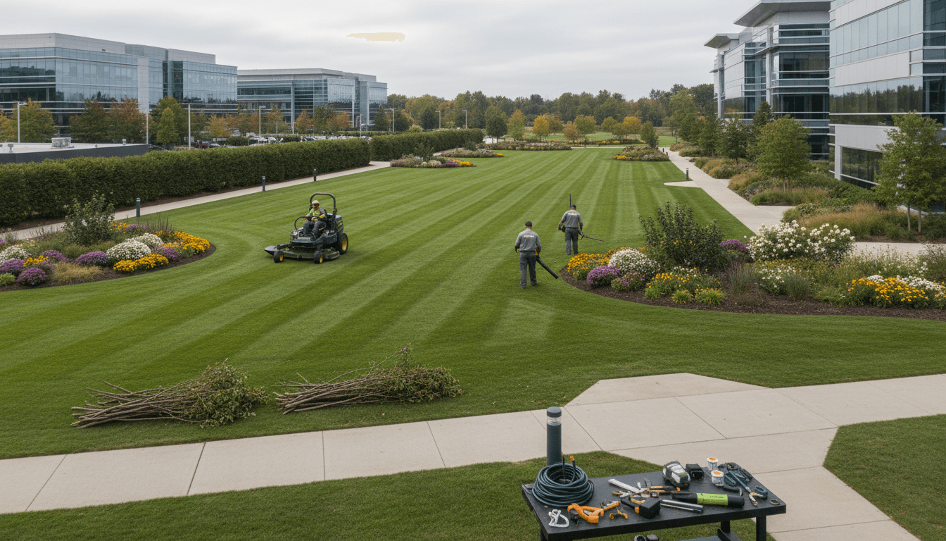Commercial landscaping crew maintaining a manicured lawn at a modern office building