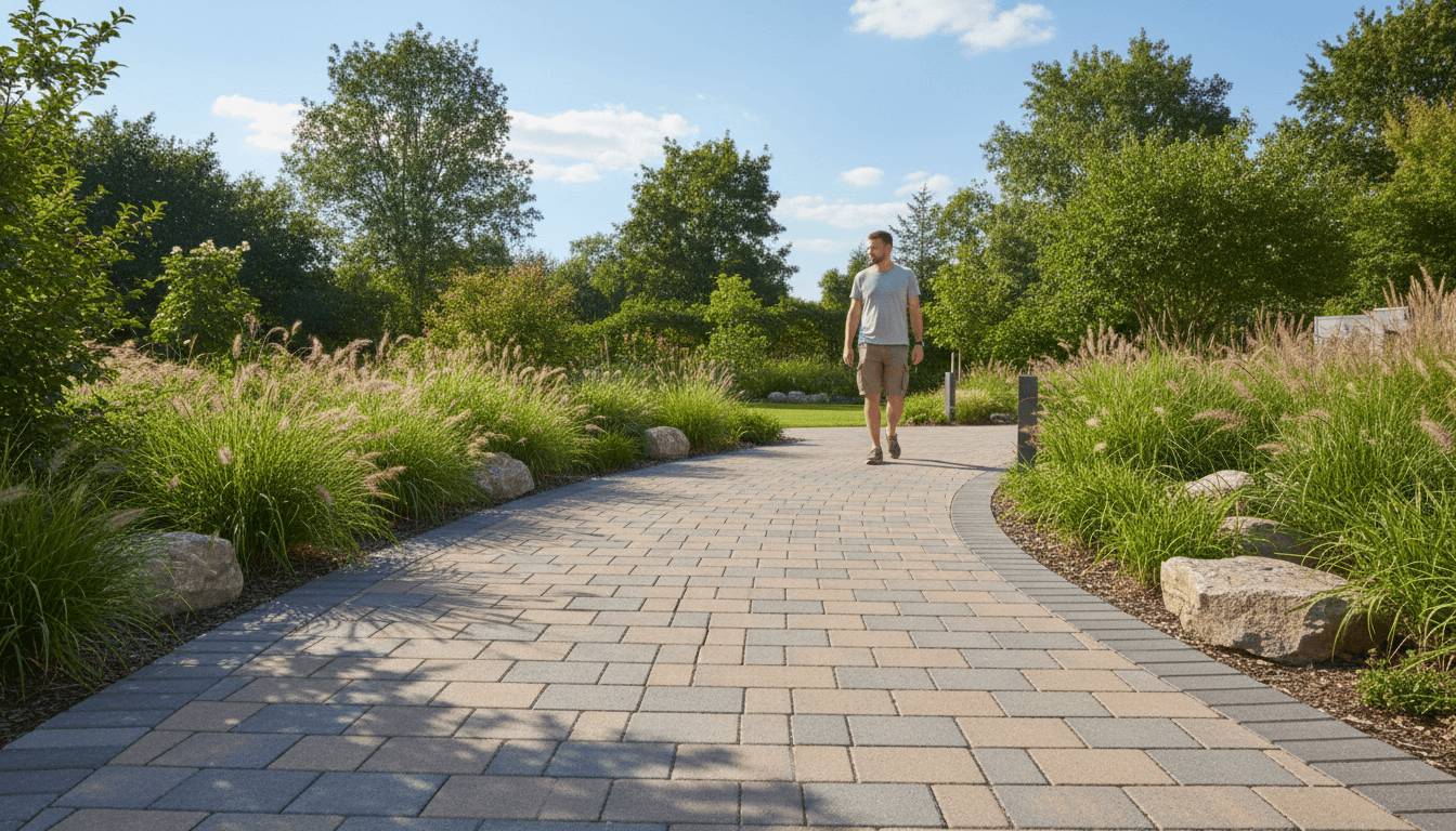 Landscapers installing a new paver walkway and planting beds at a commercial site