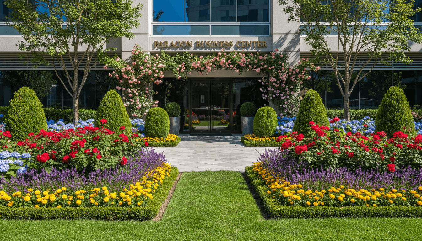 Colorful flower beds with fresh mulch outside a commercial building entrance