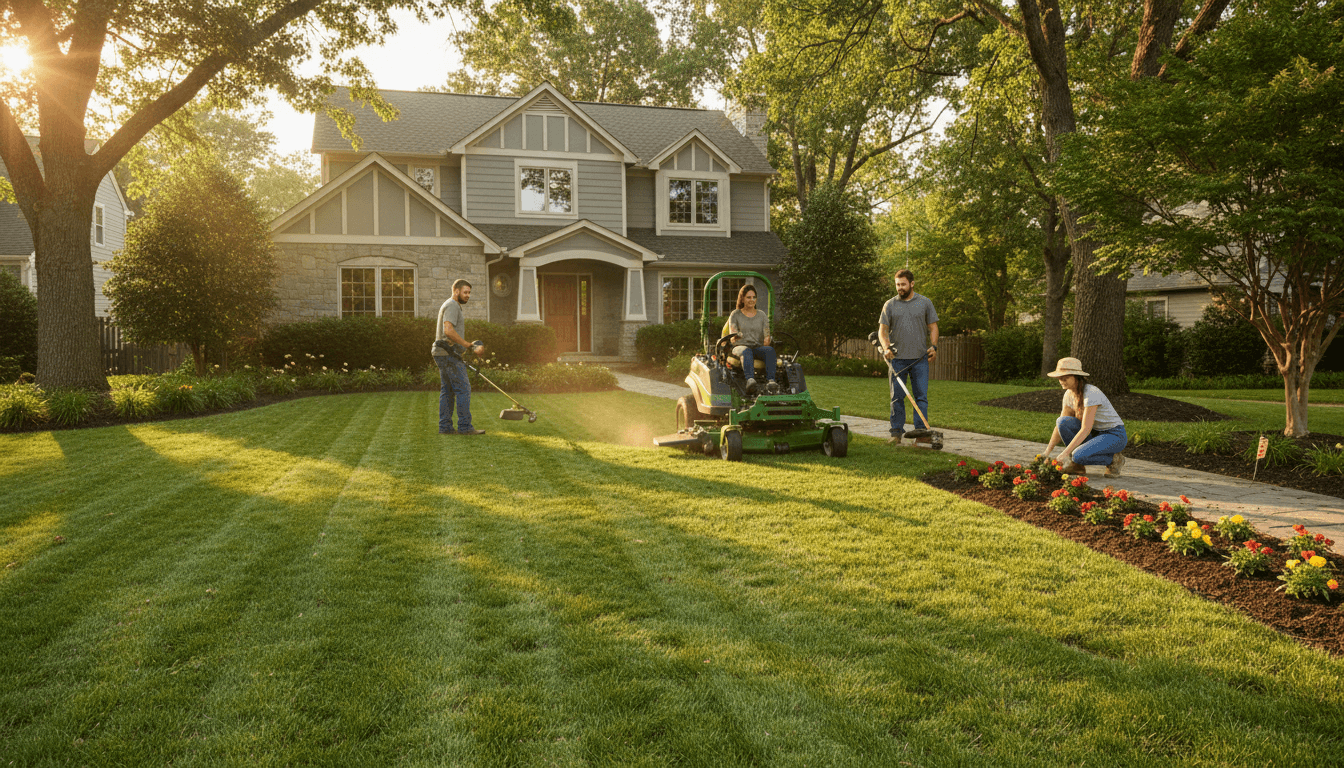 Commercial landscaping crew mowing manicured lawn at modern office building