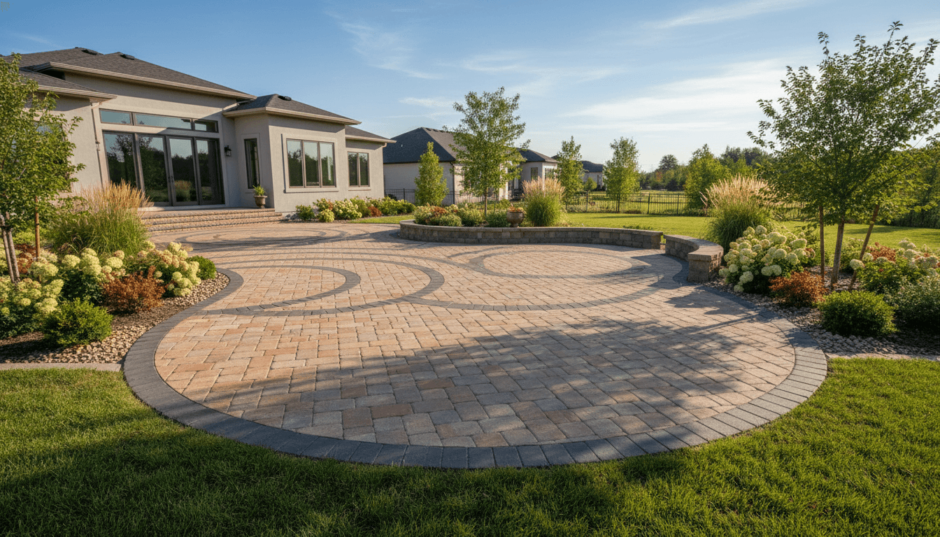 Newly installed paver patio and landscape beds outside a commercial office building
