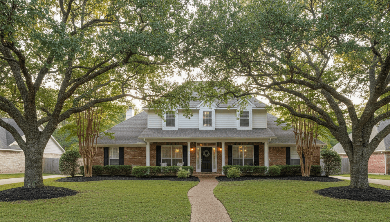 Trimmed and shaped trees lining the entrance of a commercial building in Dallas