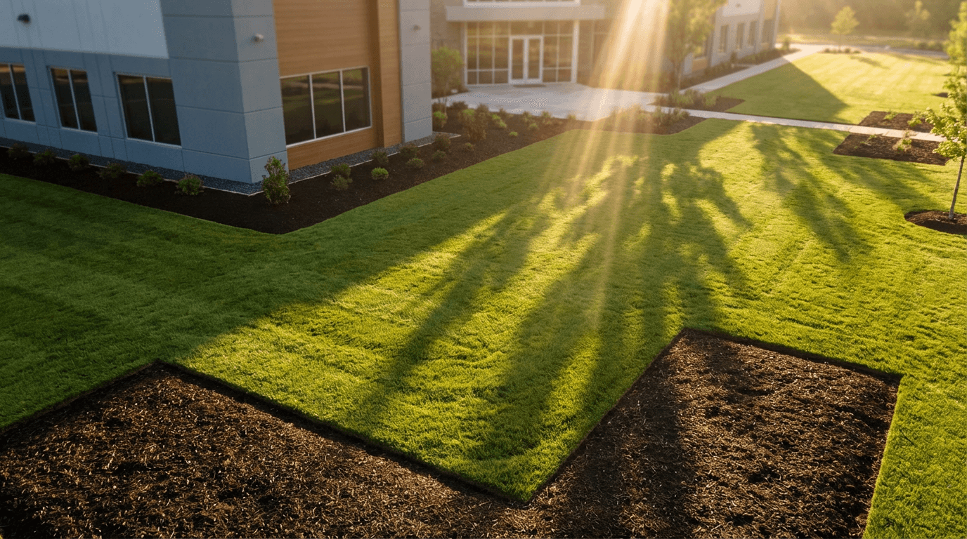 Healthy turf and neatly trimmed shrubs on a commercial property in the Dallas metro