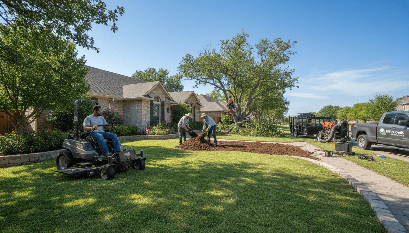 Uniformed crew mowing a wide commercial lawn at a North Texas office park