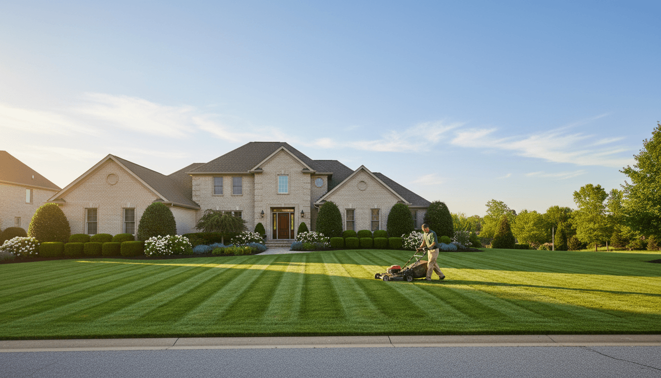 Manicured commercial property lawn with landscaped beds and mature trees